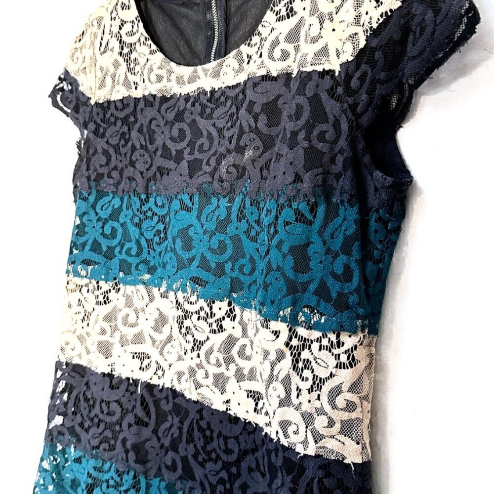 Ann Taylor XS Lace Top Black Teal Off-White Size Extra Small Short Sleeve Dressy - Picture 2 of 7